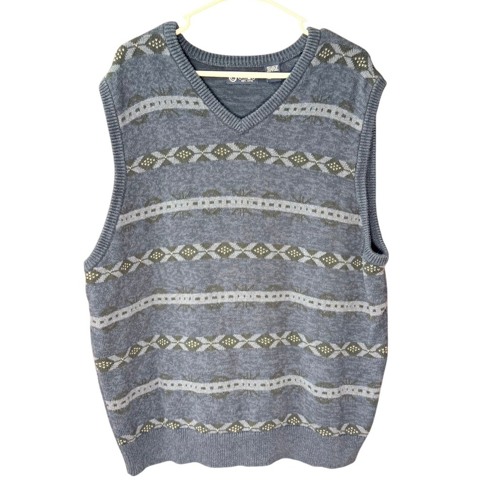 Chaps Sweater Vest Men XXL Navy Twist Blue Fair Isle 100% Cotton V-Neck Pullover